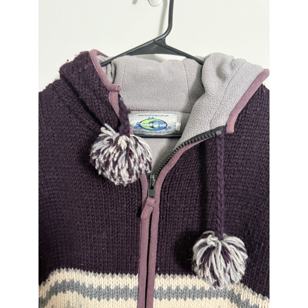Laundromat Fleece Aztec Chunky Knit Wool Zip Hooded Cardigan Jacket L Nepal - Picture 3 of 10